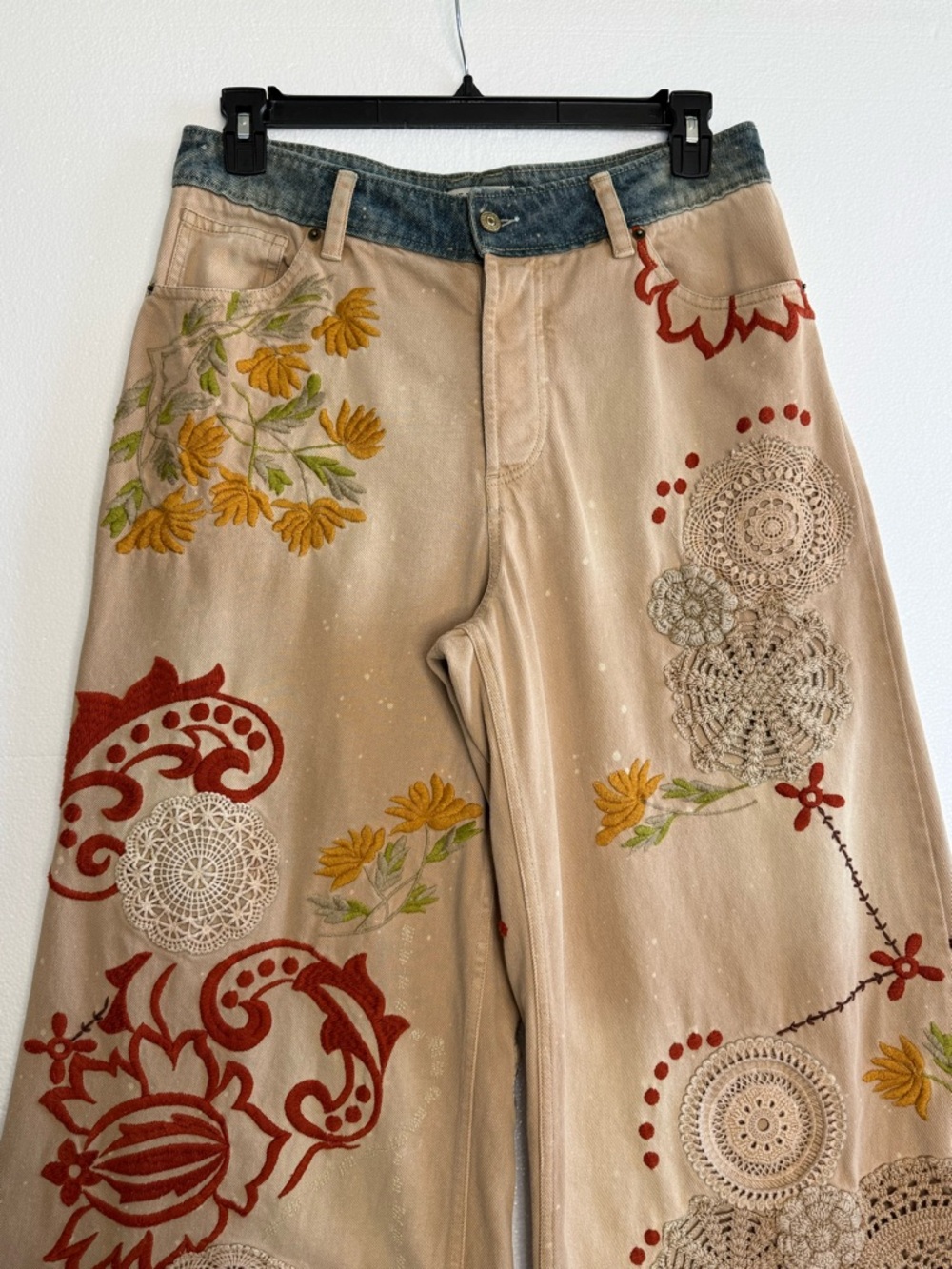 Free People Beige Wide-Leg Embroidered Pants with Red & Yellow Accents - Picture 4 of 16